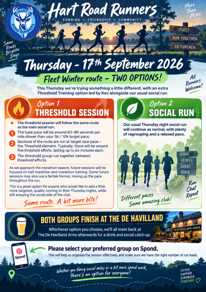 Hart Road Runners Fleet Winter route with threshold and social run options for 17 September 2026