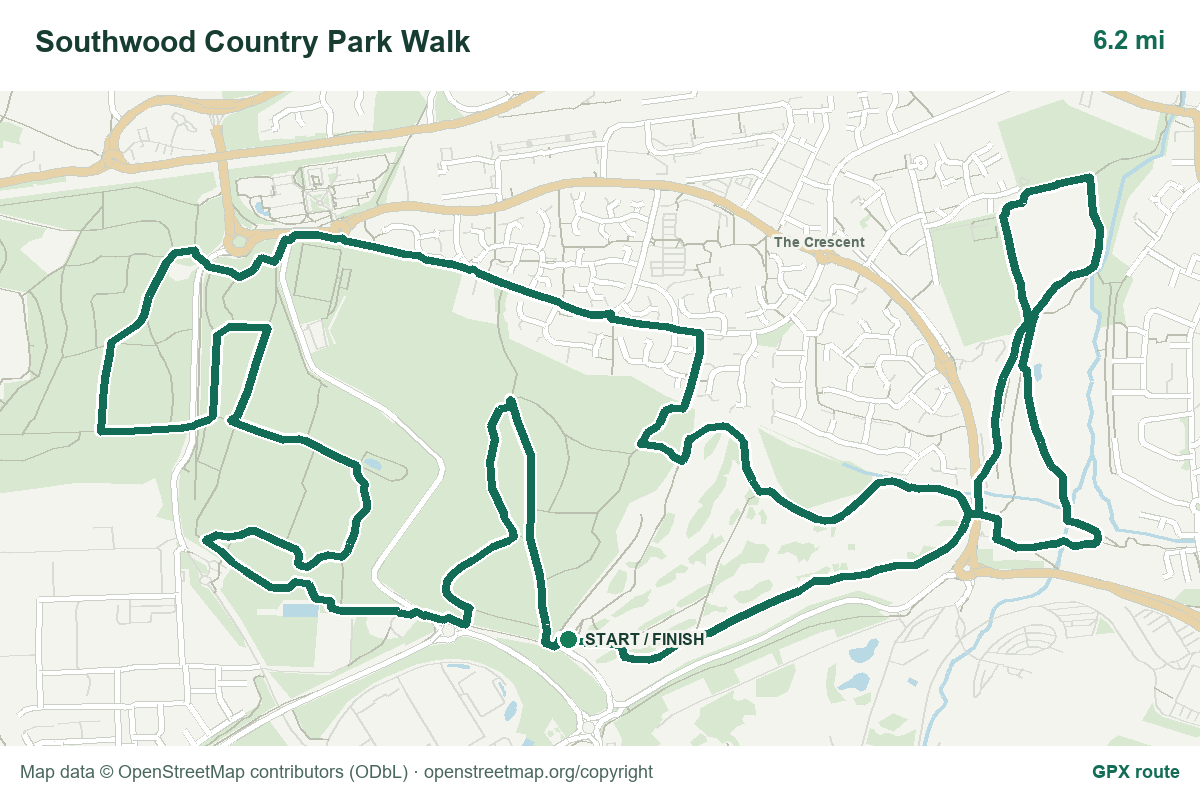 Map-backed preview of the Southwood Country Park Walk, showing its route line and start/finish point.