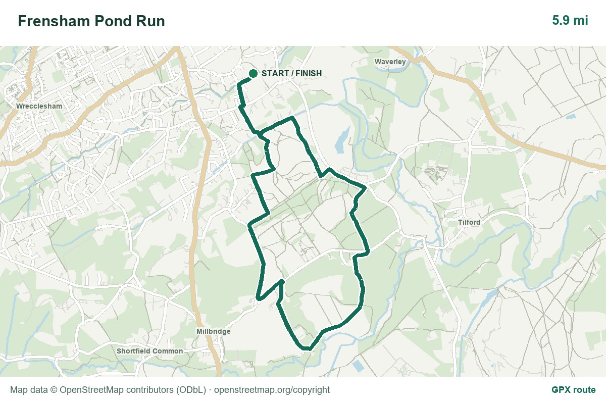 Map-backed preview of the Frensham Pond Run route, showing the route line and start/finish point.