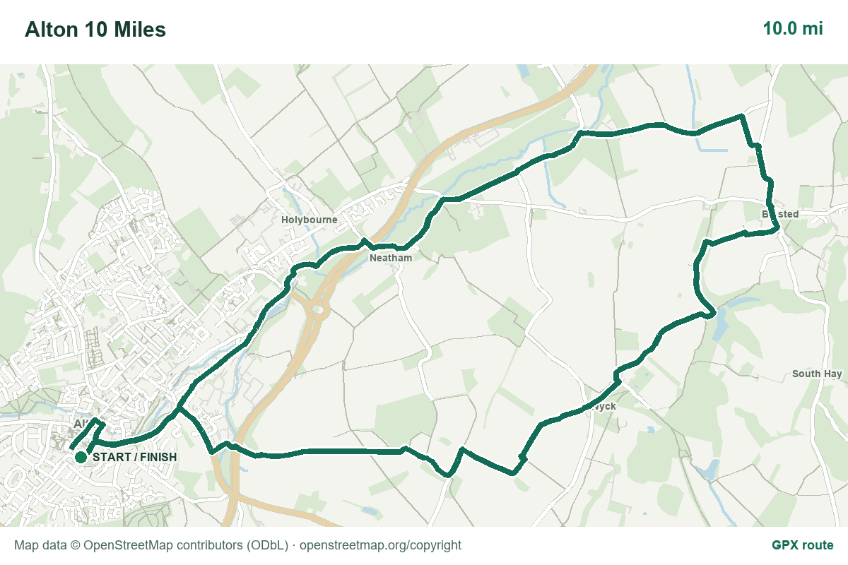 Map-backed preview of the Alton 10 Miles route, showing its route line and start/finish point.